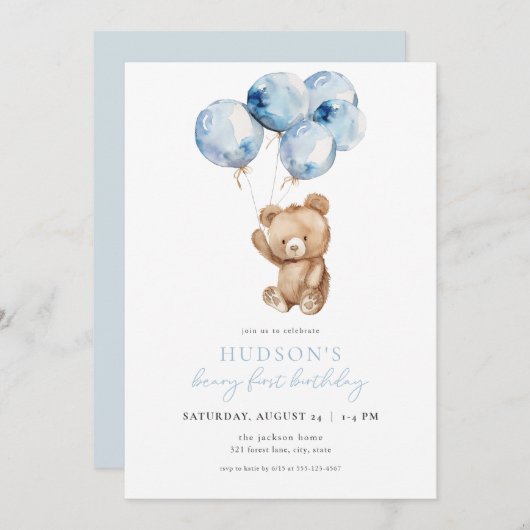 Blue Boy Beary Eerste Verjaardag uitnodiging (Voorkant / Achterkant)