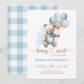 Blue Boy Beary Sweet 1st Birthday Plaid Teddybeer Kaart (Voorkant / Achterkant)