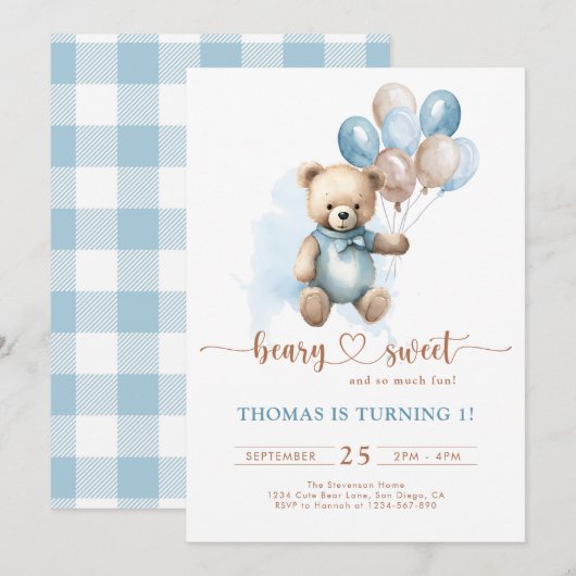 Blue Boy Beary Sweet 1st Birthday Plaid Teddybeer Kaart (Voorkant / Achterkant)