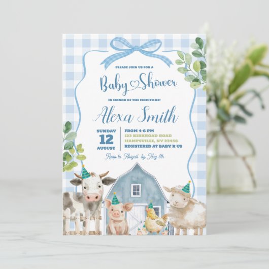 Blue Boy Boerderij Baby shower Kaart (Staand voorkant)