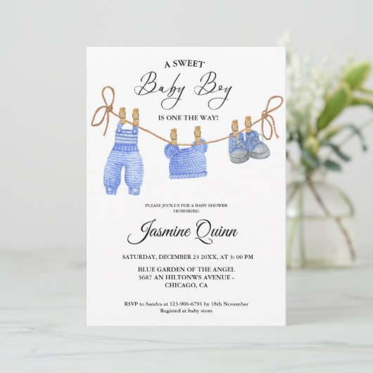 Blue Boy Bohemian Kleding Baby shower Uitnodiging (Staand voorkant)