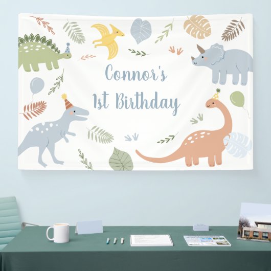 Blue Boy Boho Dinosaurus Verjaardag Spandoek (Beurs)