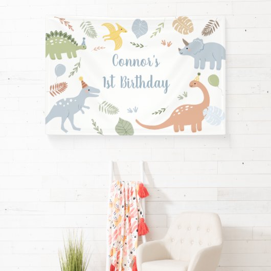 Blue Boy Boho Dinosaurus Verjaardag Spandoek (Insitu)