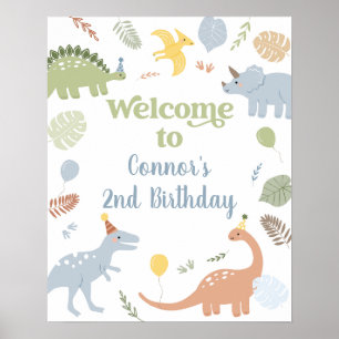 Blue Boy Boho Dinosaurus Verjaardag Welkom Poster