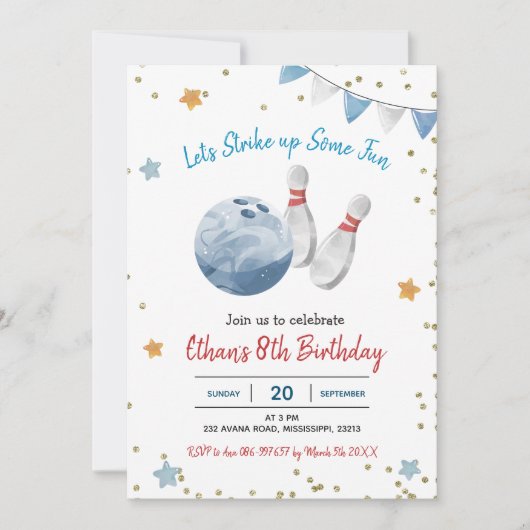 Blue Boy Bowling Verjaardag Uitnodiging (Voorkant)