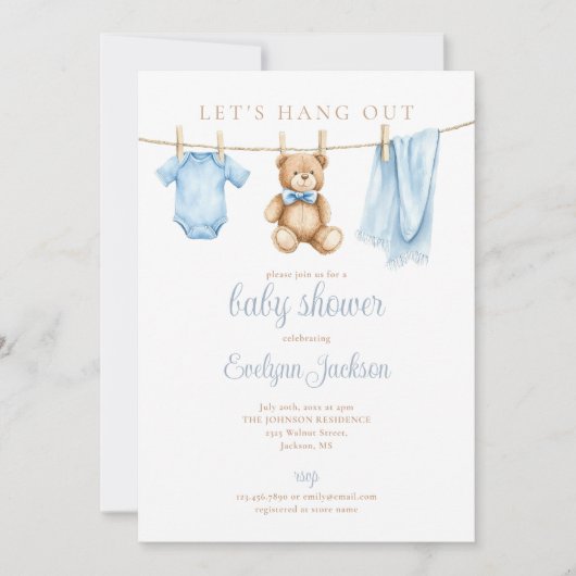 Blue Boy Clothesline Baby Shower All In One Kaart (Voorkant)