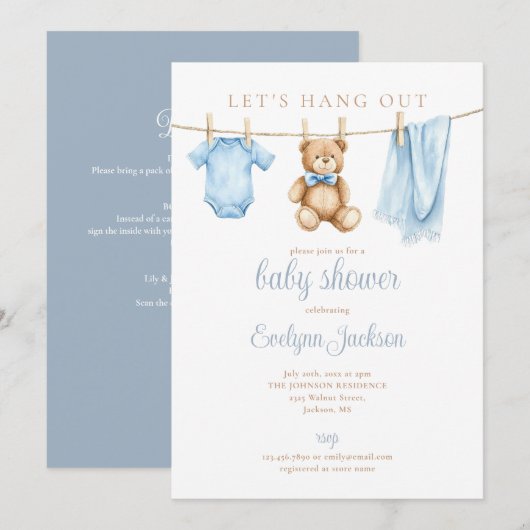 Blue Boy Clothesline Baby Shower All In One Kaart (Voorkant / Achterkant)