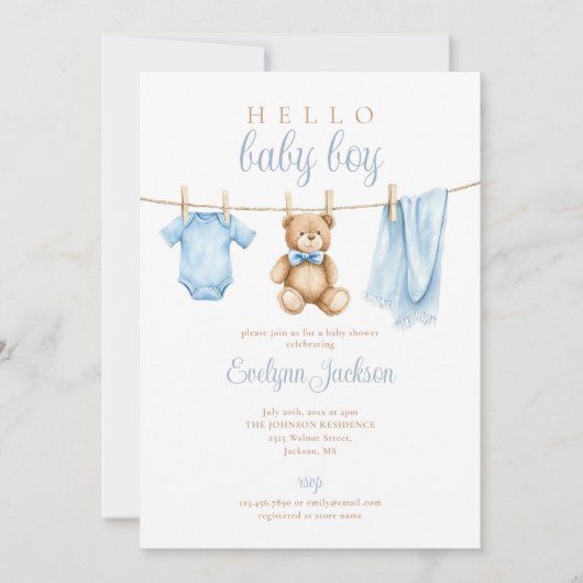Blue Boy Clothesline Baby shower Foto QR-code Kaart (Voorkant)