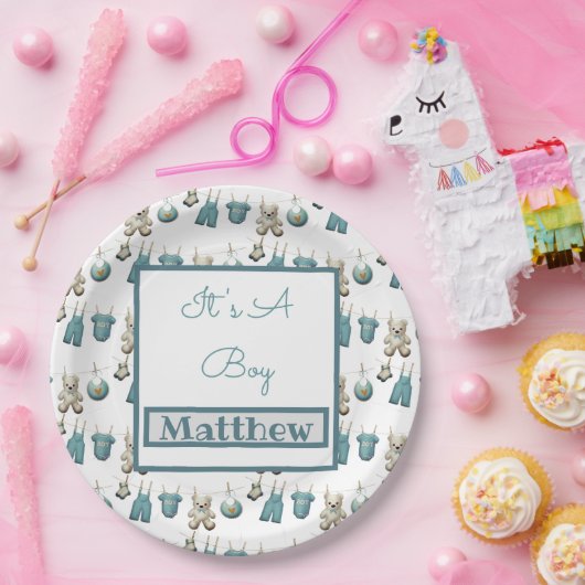 Blue Boy Clothesline Baby shower Papieren Bordje (Feest)