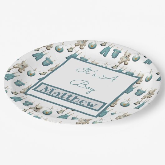 Blue Boy Clothesline Baby shower Papieren Bordje (Gekanteld)