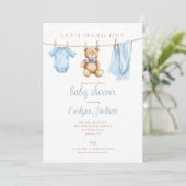 Blue Boy Clothesline Baby Shower Photo QR Code Kaart (Staand voorkant)