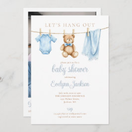 Blue Boy Clothesline Baby Shower Photo QR Code Kaart