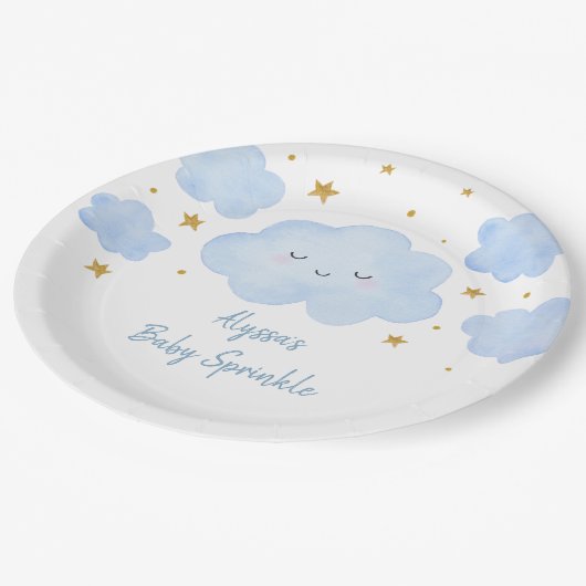 Blue Boy Cloud Stars Baby Sprinkle Papieren Bordje (Gekanteld)
