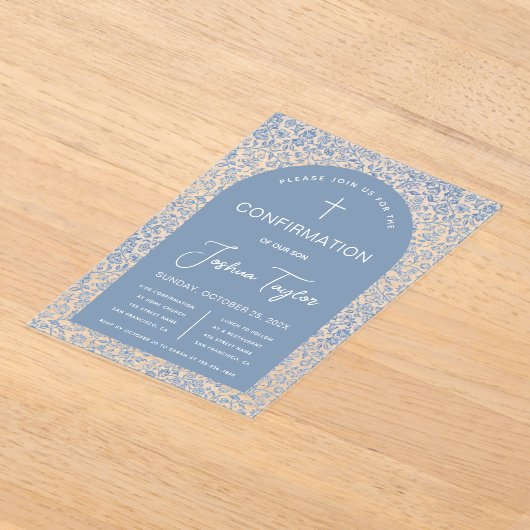 Blue Boy Confirmation Arch Floral Pattern Script Acryl Uitnodigingen (Laagn)