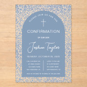 Blue Boy Confirmation Arch Floral Pattern Script Acryl Uitnodigingen (Voorkant)