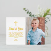 Blue Boy Cross Foto Baptisme Hartelijk dank Folie Uitnodiging (Staand Voorkant)