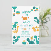 Blue Boy Dinosaur 4e verjaardag Kaart (Staand voorkant)