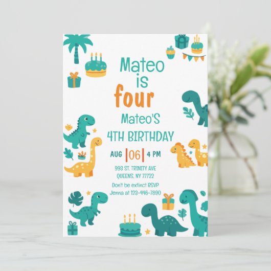 Blue Boy Dinosaur 4e verjaardag Kaart (Staand voorkant)