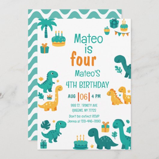 Blue Boy Dinosaur 4e verjaardag Kaart (Voorkant / Achterkant)