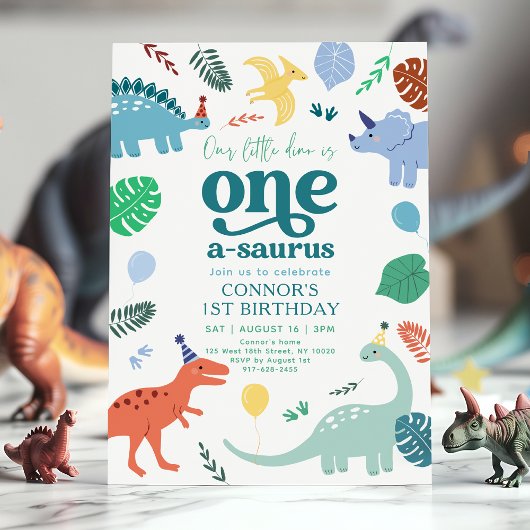 Blue Boy Dinosaur Boho 1st Birthday Kaart
