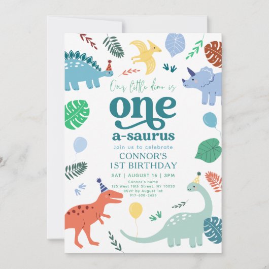 Blue Boy Dinosaur Boho 1st Birthday Kaart (Voorkant)