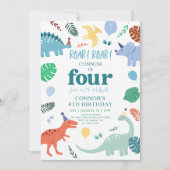 Blue Boy Dinosaur Boho vierde verjaardag Kaart (Voorkant)