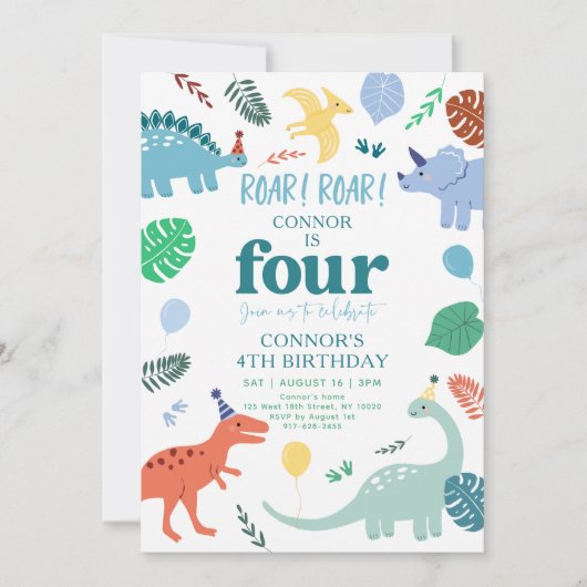 Blue Boy Dinosaur Boho vierde verjaardag Kaart (Voorkant)