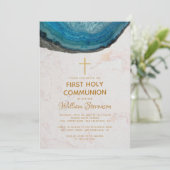 Blue Boy Eerste Communie Geode Marmeren Gouden Kru Kaart (Staand voorkant)