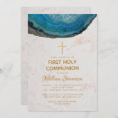 Blue Boy Eerste Communie Geode Marmeren Gouden Kru Kaart (Voorkant / Achterkant)