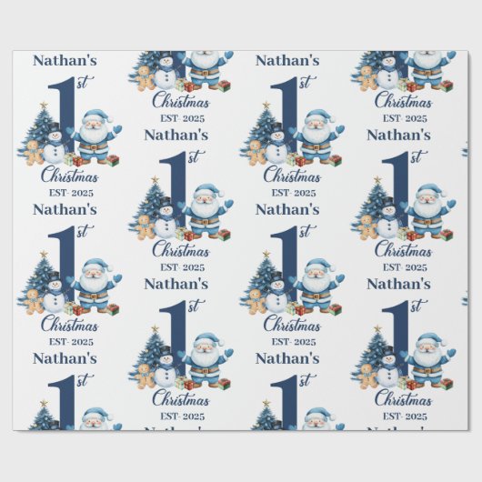 Blue Boy Eerste Kerstdag Cadeaupapier (Vlak)