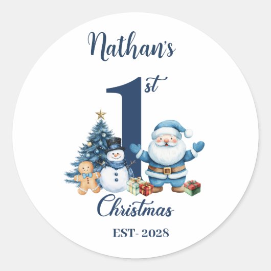 Blue Boy Eerste Kerstdag Ronde Sticker (Voorkant)