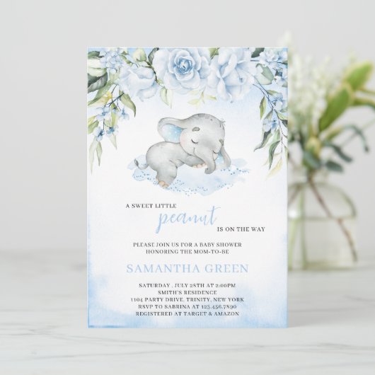 Blue Boy Elephant Baby shower Kaart (Staand voorkant)
