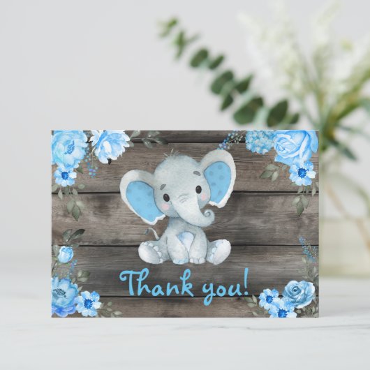 Blue Boy Elephant Dank je kaart Rustieke Floral (Staand voorkant)