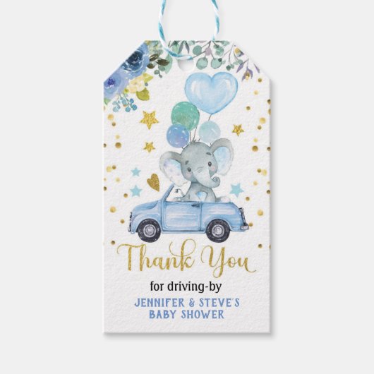 Blue Boy Elephant Drive van Baby shower Parade Cadeaulabel (Voorkant)