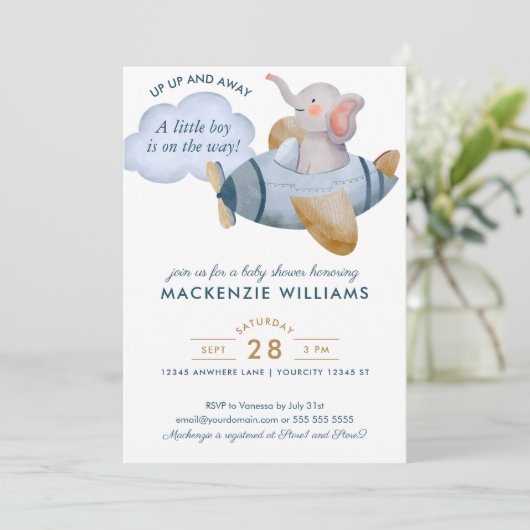 Blue Boy Elephant Plane Waterverf Baby shower Kaart (Staand voorkant)