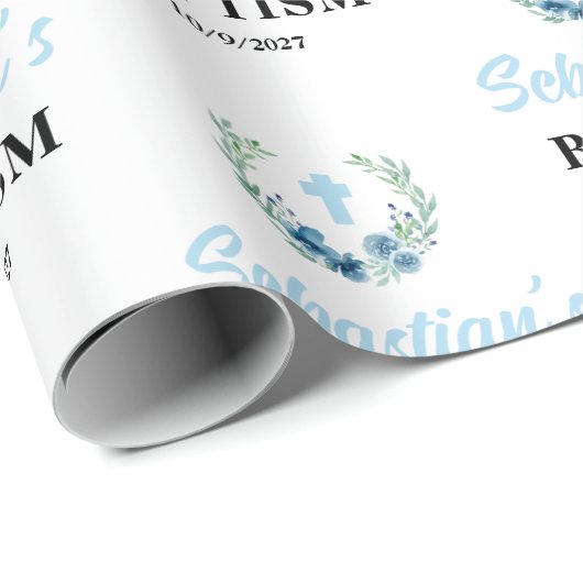 Blue Boy Floral Baptism Cadeaupapier (Rol Hoek)