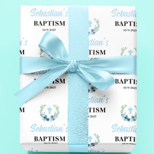 Blue Boy Floral Baptism Cadeaupapier