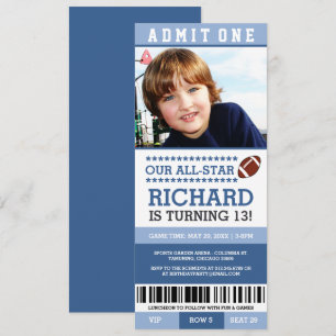 Blue Boy Football Ticket Birthday Invites Kaart