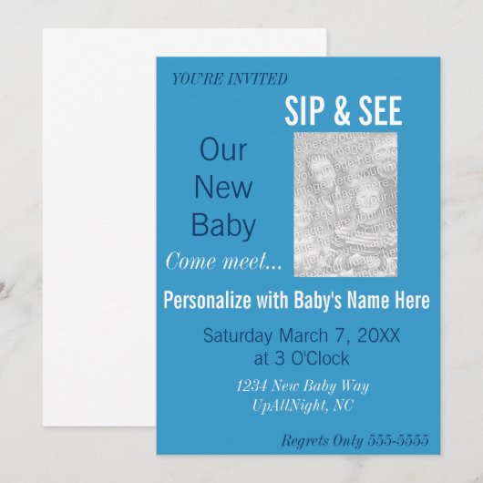 Blue Boy Foto Sip & See Uitnodiging (Voorkant / Achterkant)