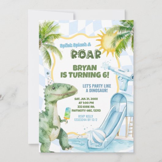 Blue Boy Groovy Dinosaur Pool Verjaardagsfeestje Kaart (Voorkant)