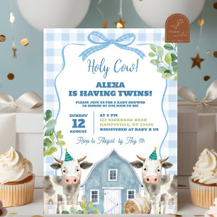 Blue Boy Koe Twins Baby shower uitnodiging