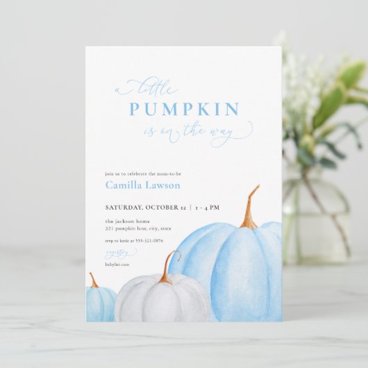 Blue Boy Little Pumpkin Baby shower Invitation Kaart (Staand voorkant)