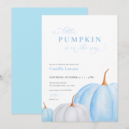 Blue Boy Little Pumpkin Baby shower Invitation Kaart (Voorkant / Achterkant)
