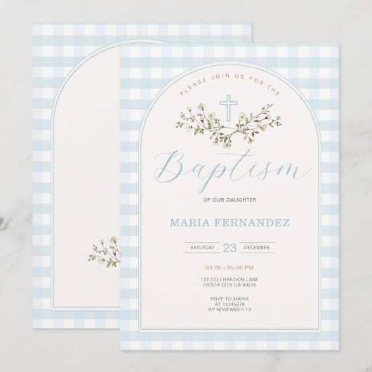 Blue Boy Modern Wildflowers Christening Gingham Kaart (Voorkant / Achterkant)