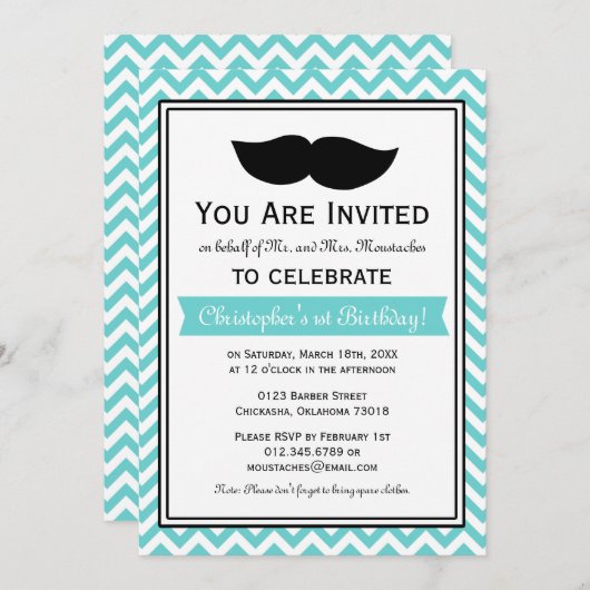 Blue Boy Mustache Chevron Birthday Party Kaart (Voorkant / Achterkant)