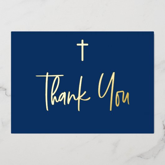 Blue Boy name First communique Bedankt Gold Cross Folie Uitnodiging (Voorkant)