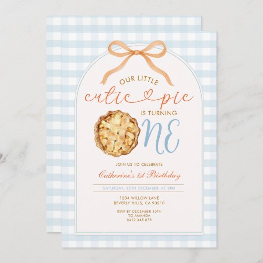 Blue Boy Our Little Cutie Pie Gingham 1e verjaarda Kaart (Voorkant / Achterkant)