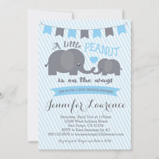 Blue Boy Peanut Elephant Baby shower-uitnodiging Kaart (Voorkant)
