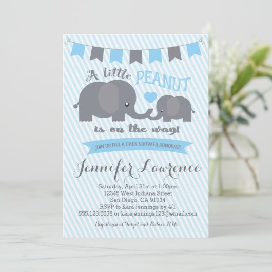Blue Boy Peanut Elephant Baby shower-uitnodiging Kaart (Staand voorkant)