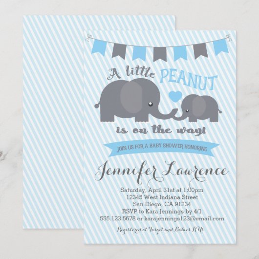 Blue Boy Peanut Elephant Baby shower-uitnodiging Kaart (Voorkant / Achterkant)